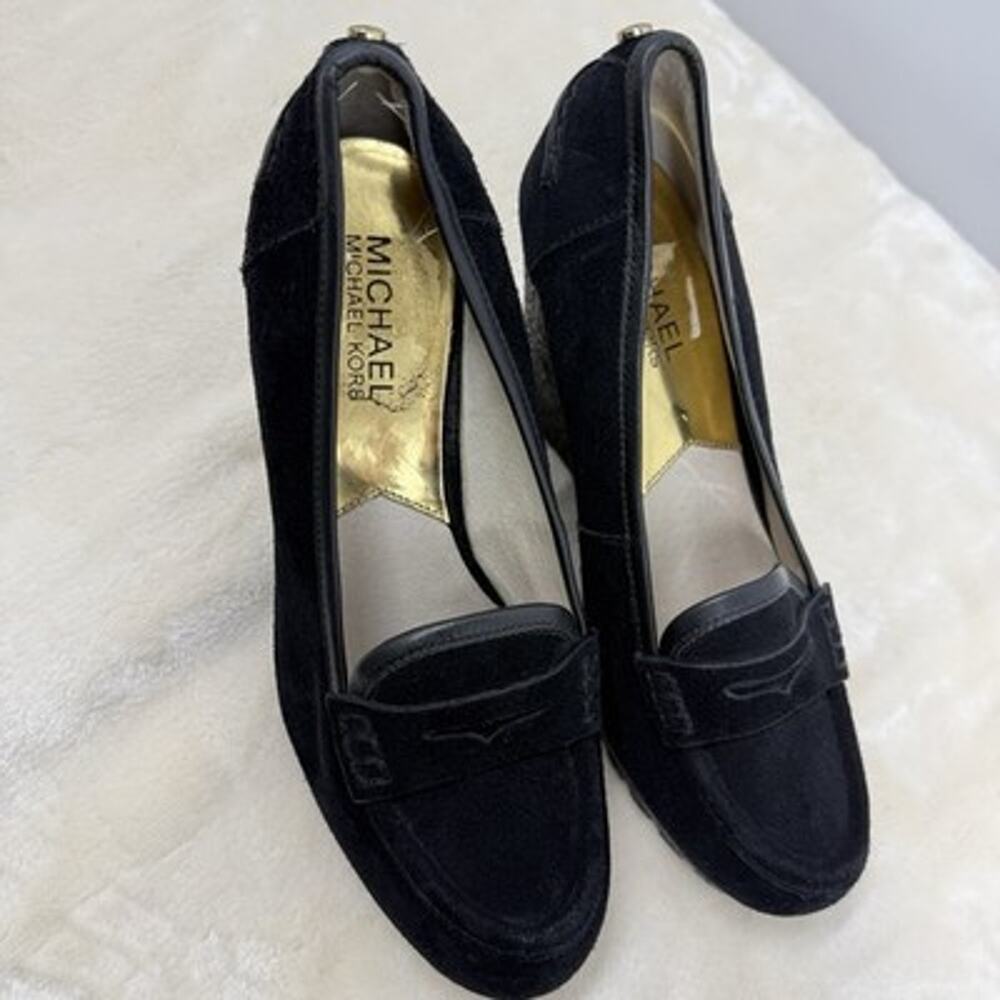 Michael Kors Rory Wedge Platform Loafers Black Suede Size 7 Lug Penny Loafer - Picture 4 of 14